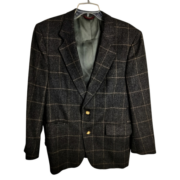 M545)Hart Schaffner Marx Two Button Brown Plaid Camel Hair Blazer 42R - Picture 1 of 10